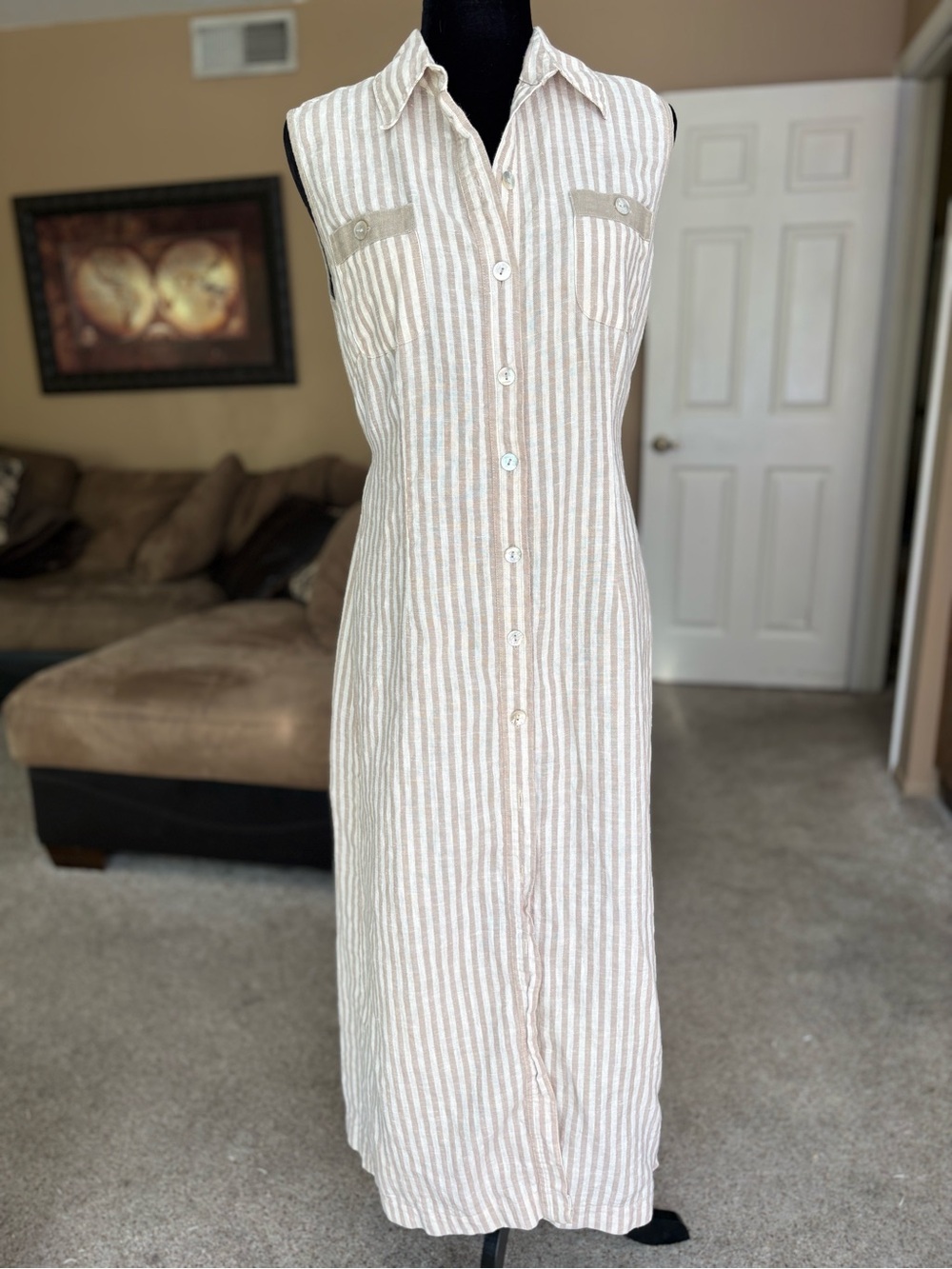Jessica Howard Beige and White Striped Maxi Shirt Dress